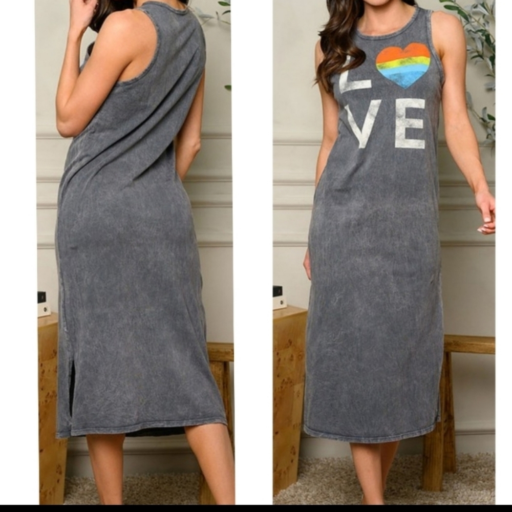 Womens Love Mineral Wash Graphic Tank Tee Shirt Dress Charcoal